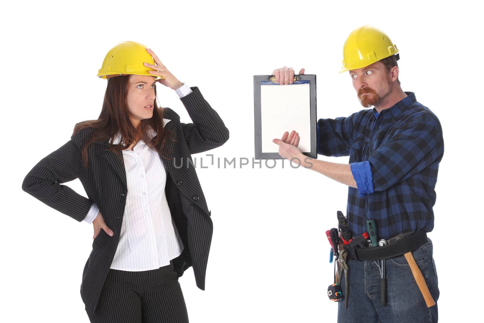 quarreling between angry businesswoman and construction worker wonderfully looking on document 