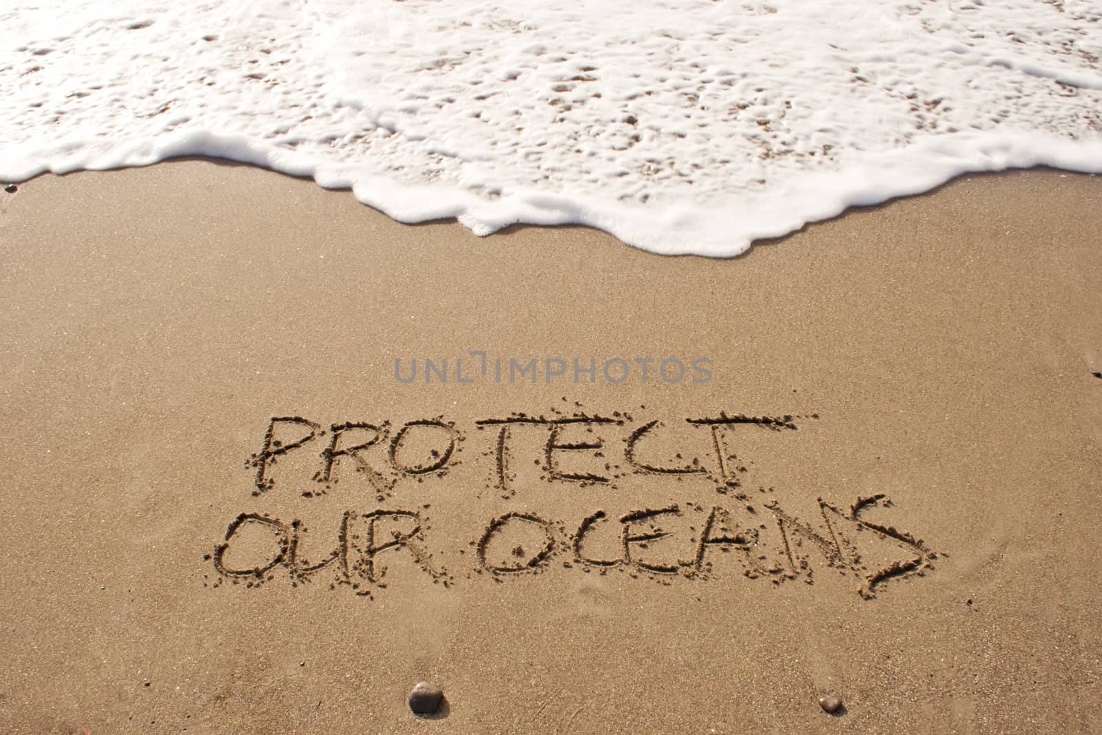 Protect our oceans written in the sand at Haumoana Beach, Hawke's Bay, New Zealand