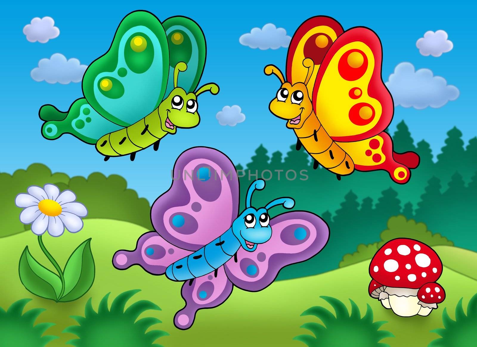 Three cute butterflies on meadow - color illustration.