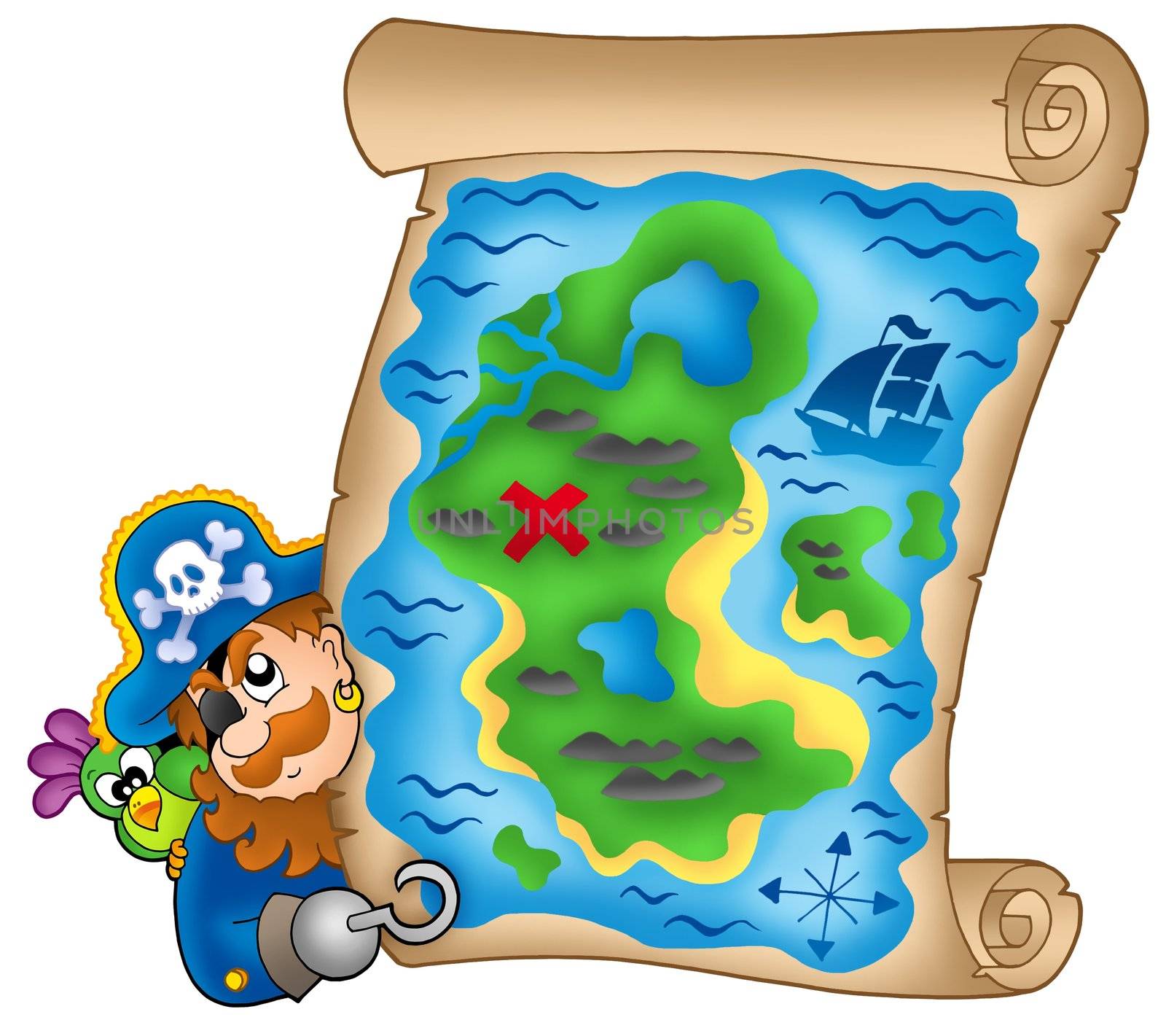 Treasure map with lurking pirate - color illustration.