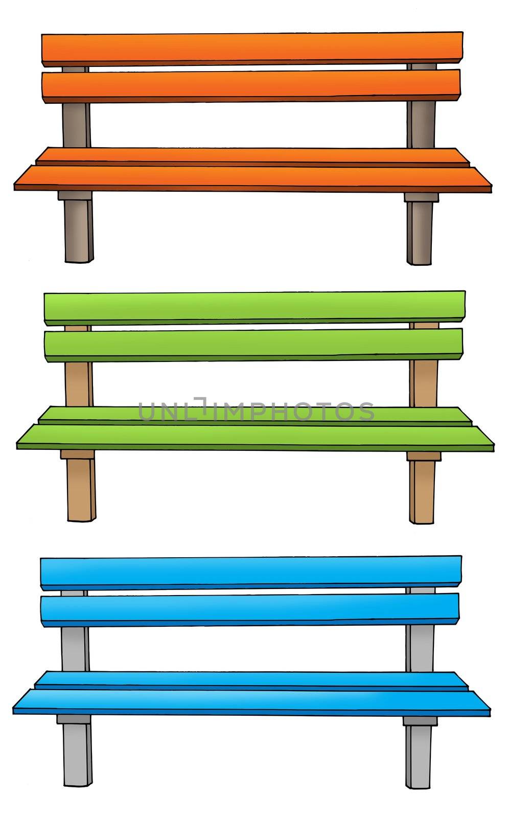 Three various benches - color illustration.