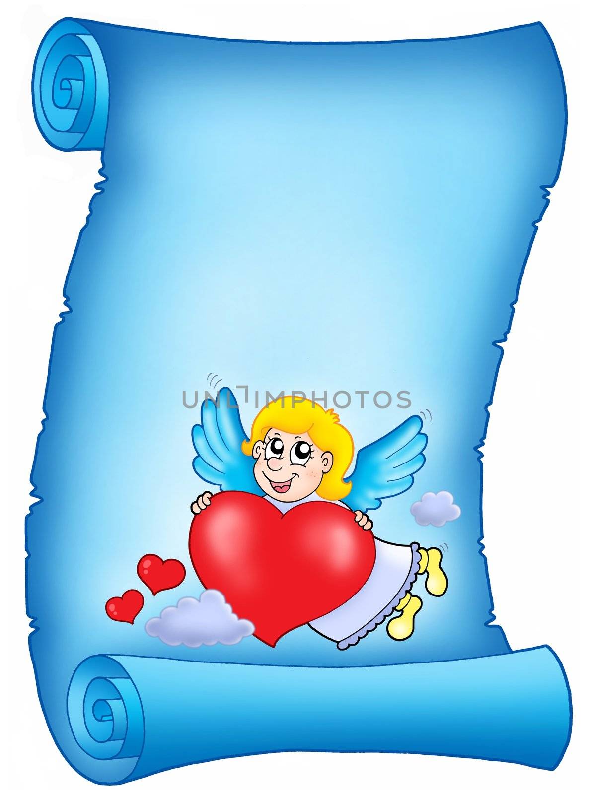 Valentine blue letter with flying cupid - color illustration.