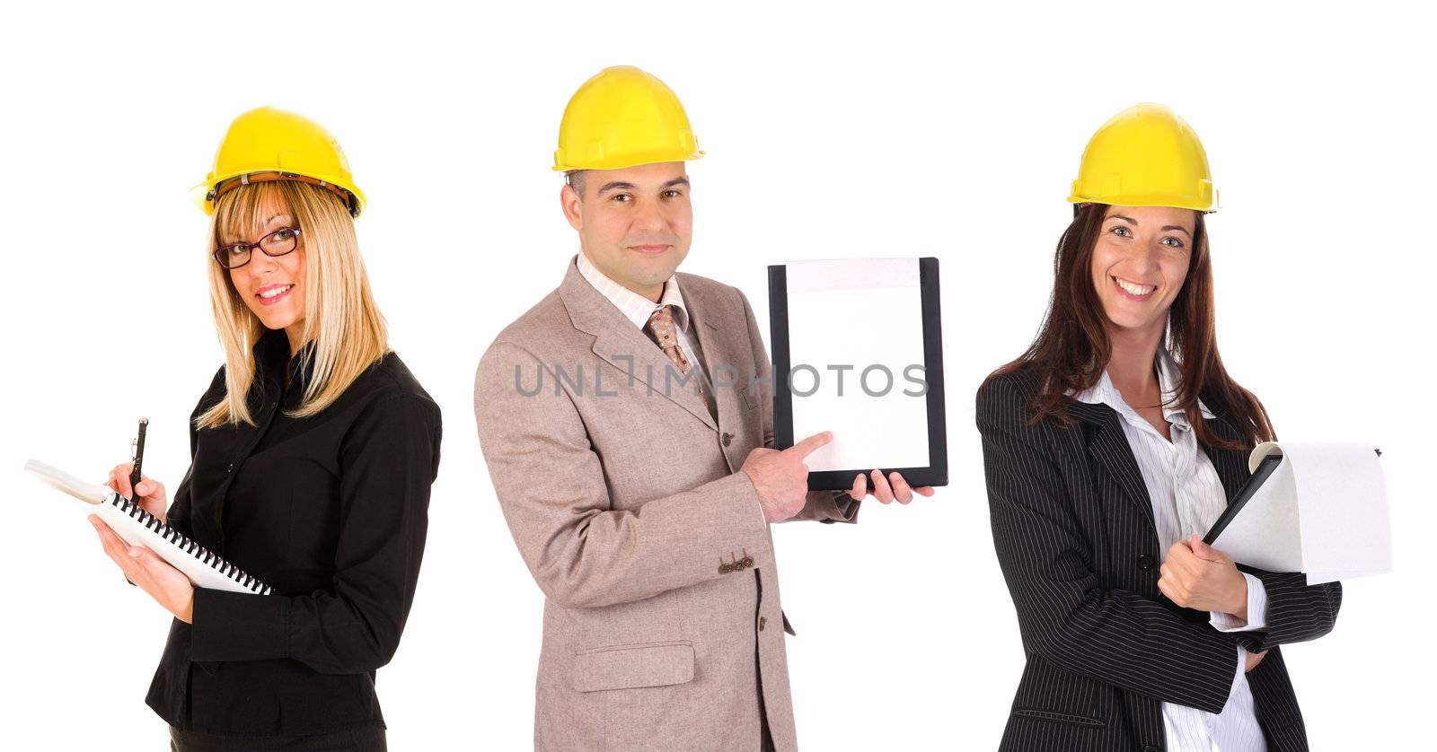 two businesswoman and businessman with documents on white background