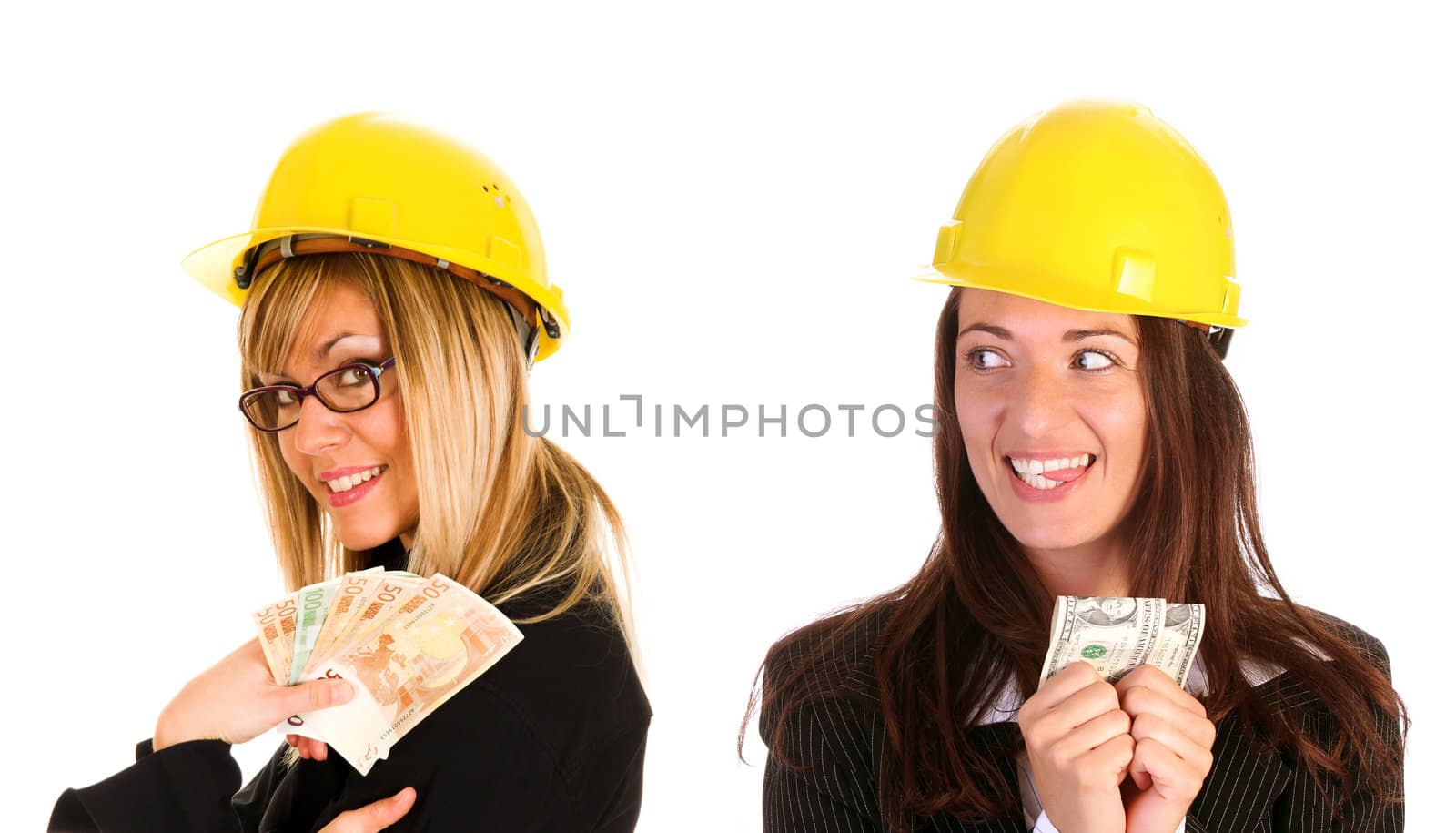two businesswoman with with earnings on white background
