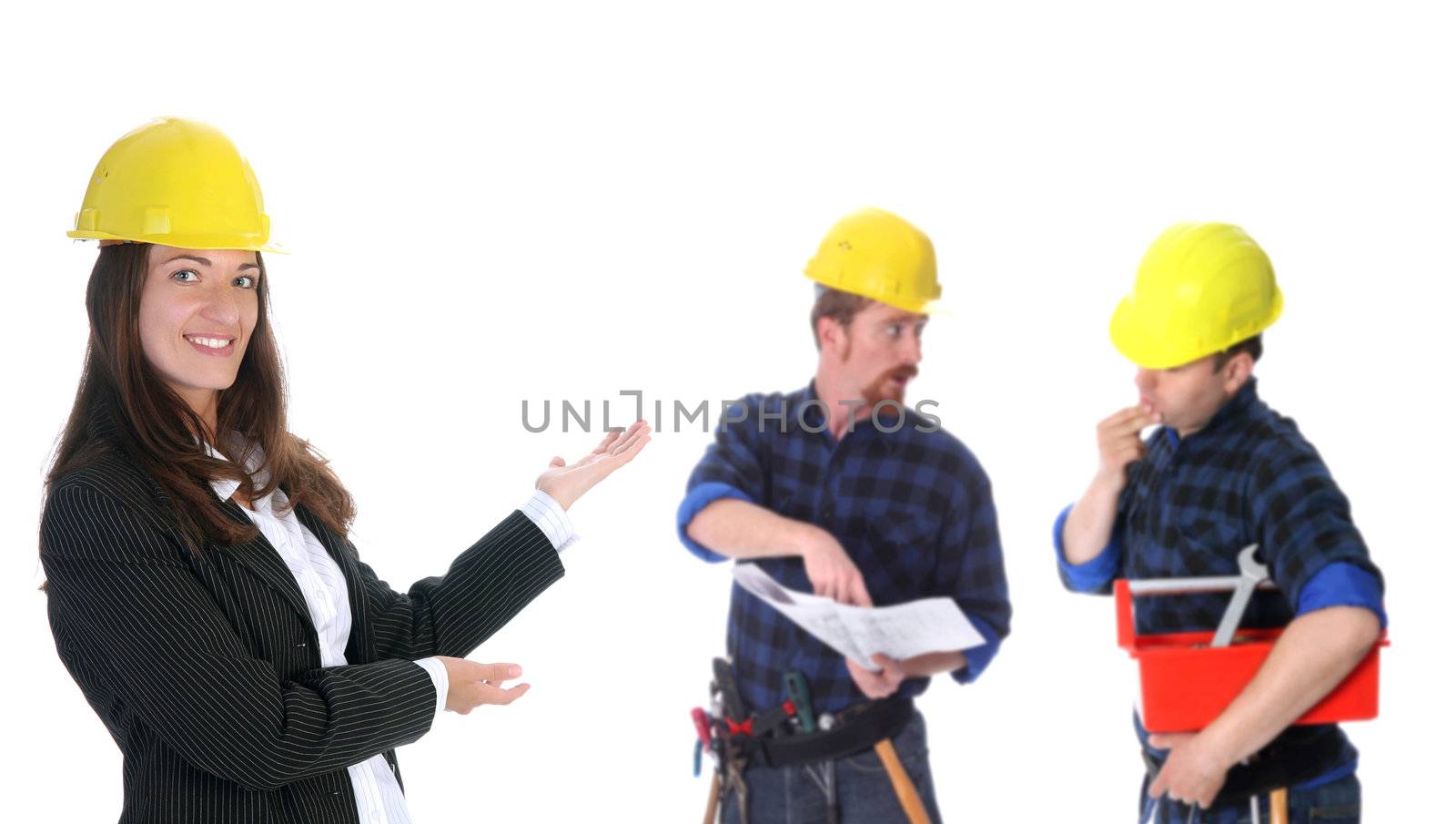businesswoman with successful construction workers by vladacanon