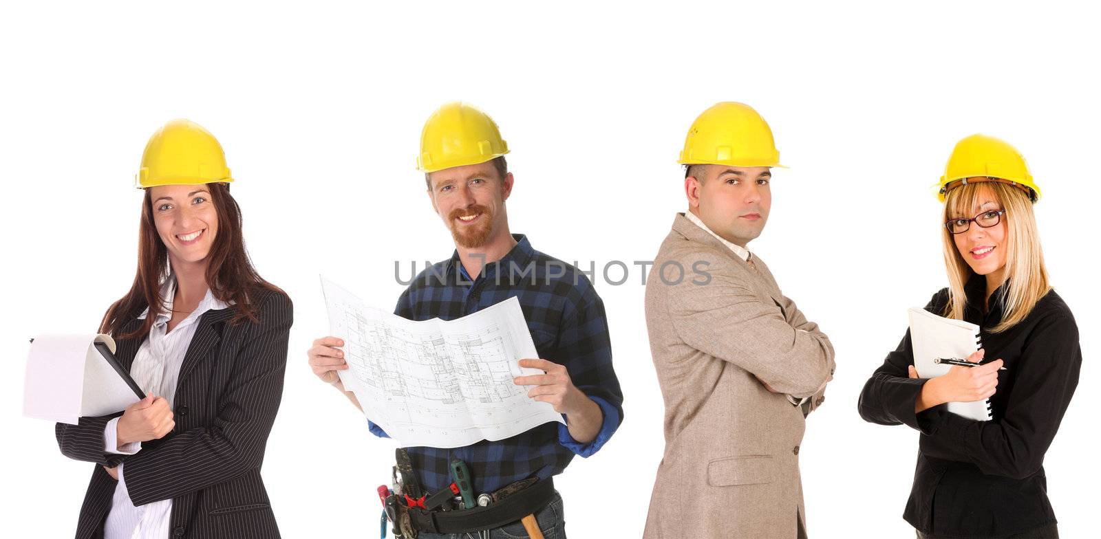 business team with blueprint and documents on white background