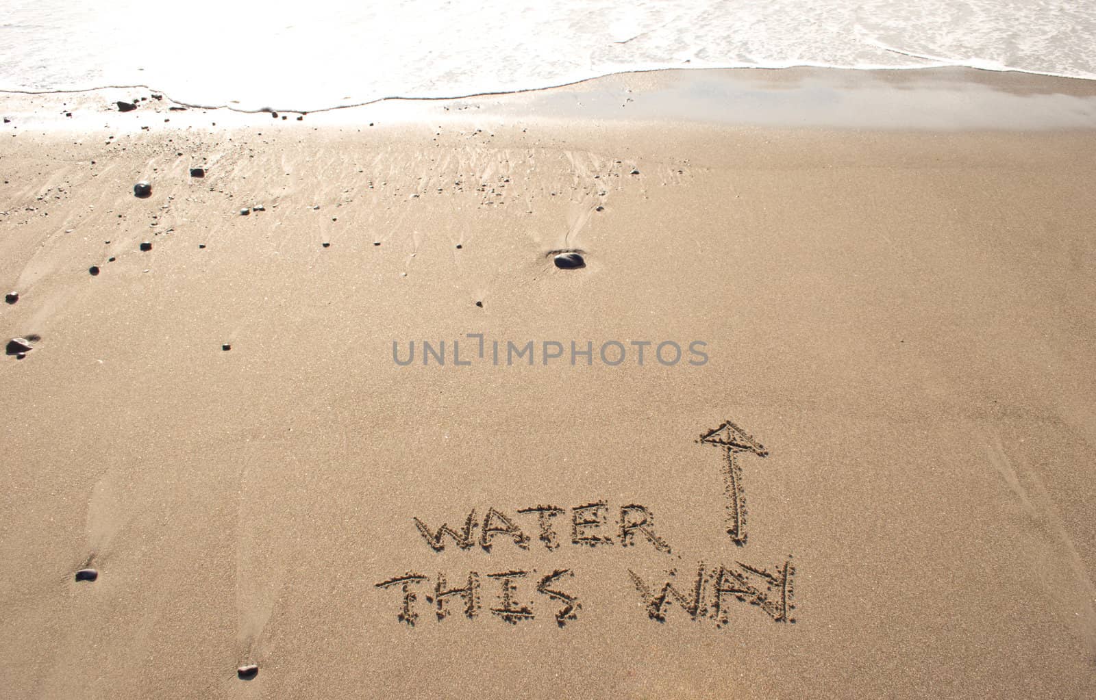 Water this way written in the sand at Haumoana Beach, Hawke's Bay, New Zealand