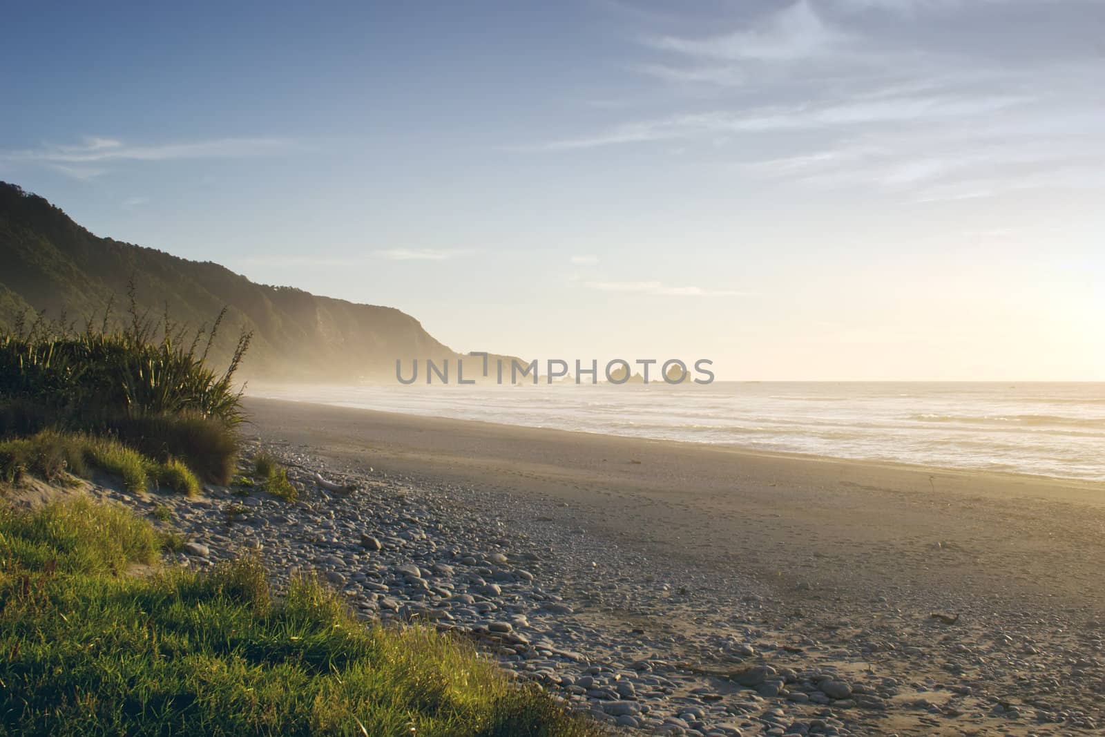 Evening on a beach on the West Coast of the South Island, New Zealand