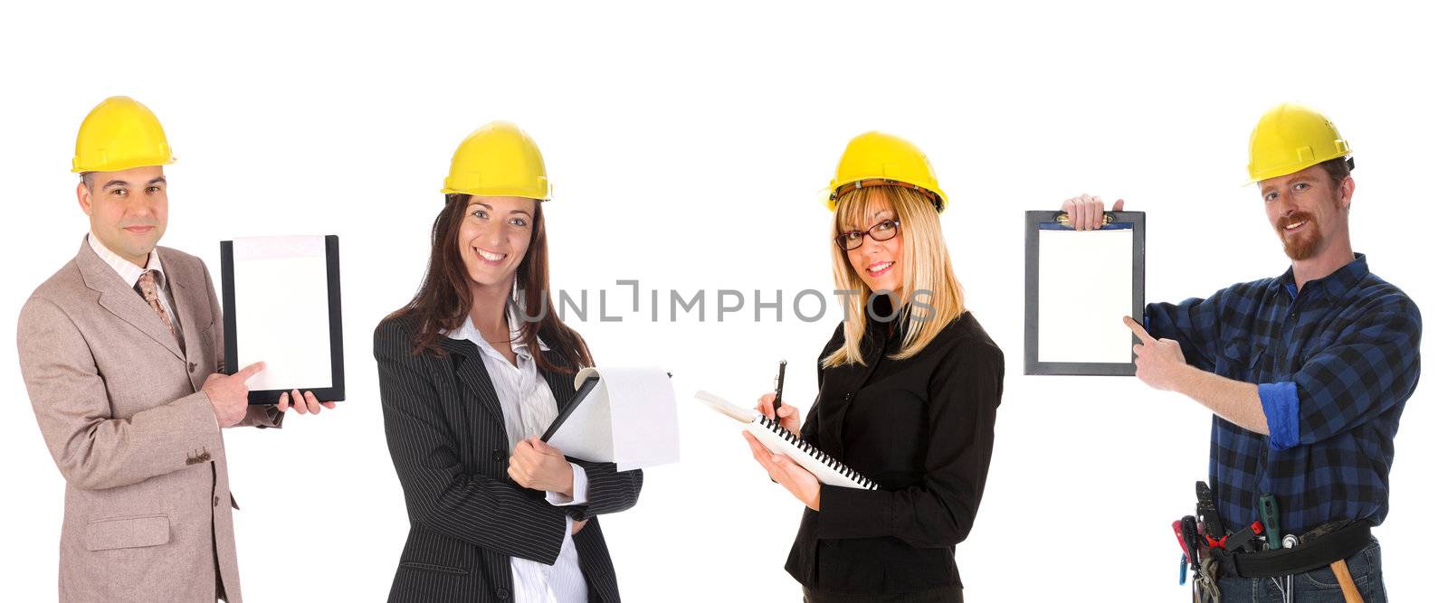 business team with blueprint and documents on white background