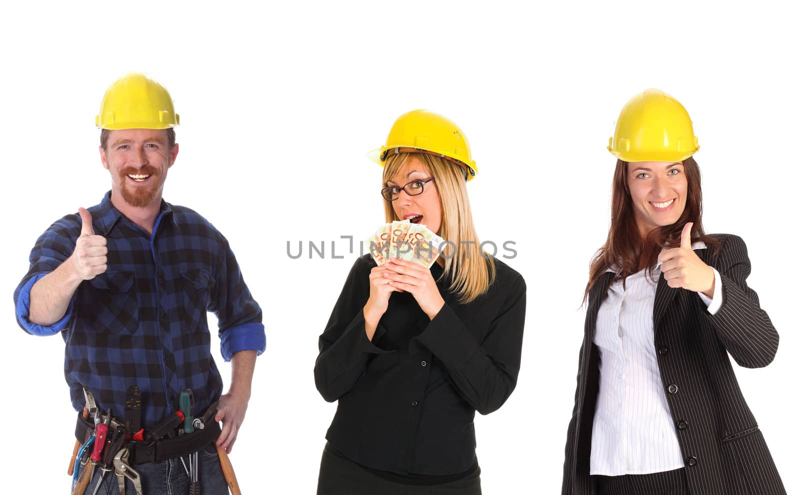 businesswoman with cash and colleague on white background
