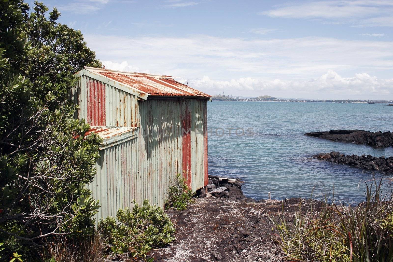 A weathered boat shed sits on the rocky shore of Rangitoto Island, Hauraki Gulf, New Zealand