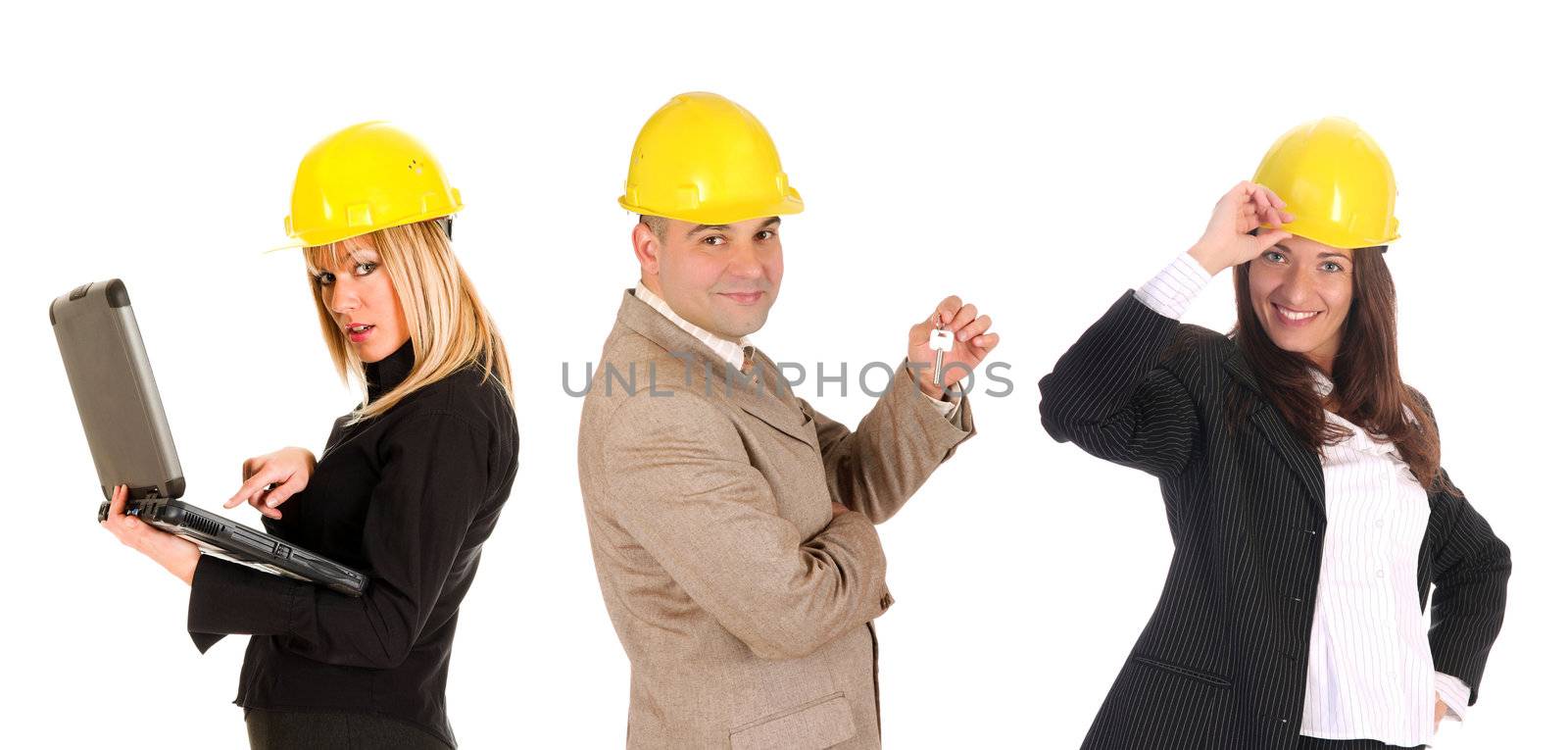 business team and construction worker on white background