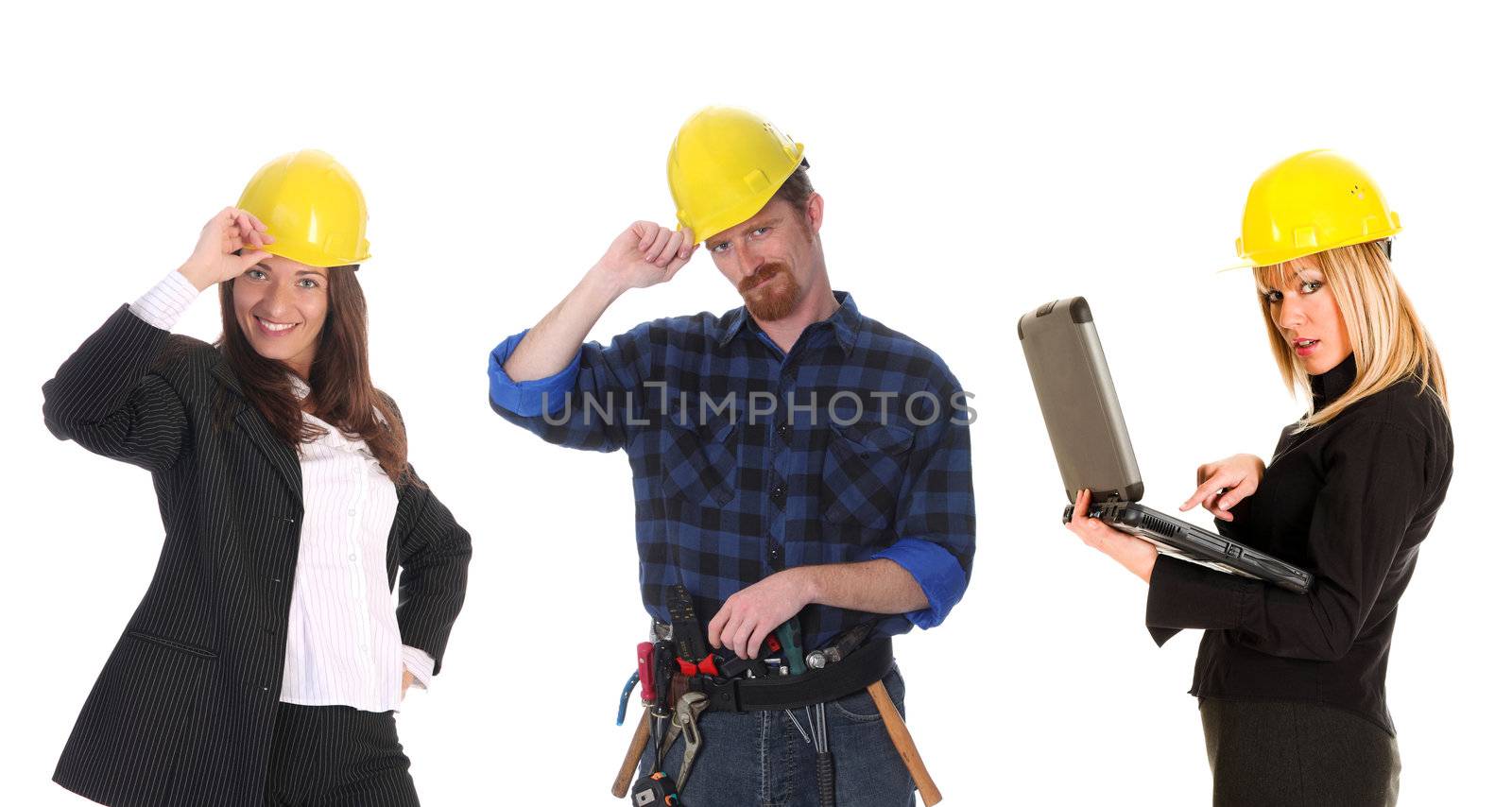 two businesswoman and construction worker on white background