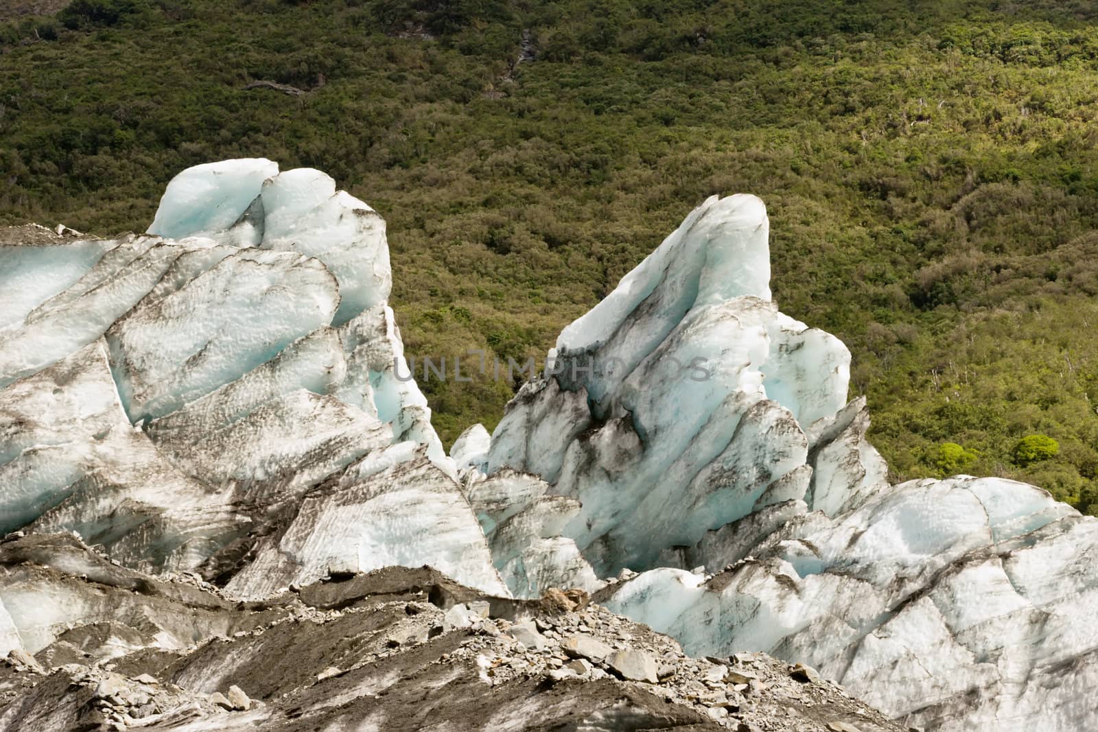 Close up of the Fox Glacier on the West Coast of the South Island, New Zealand. A frozen river of stone and ice.