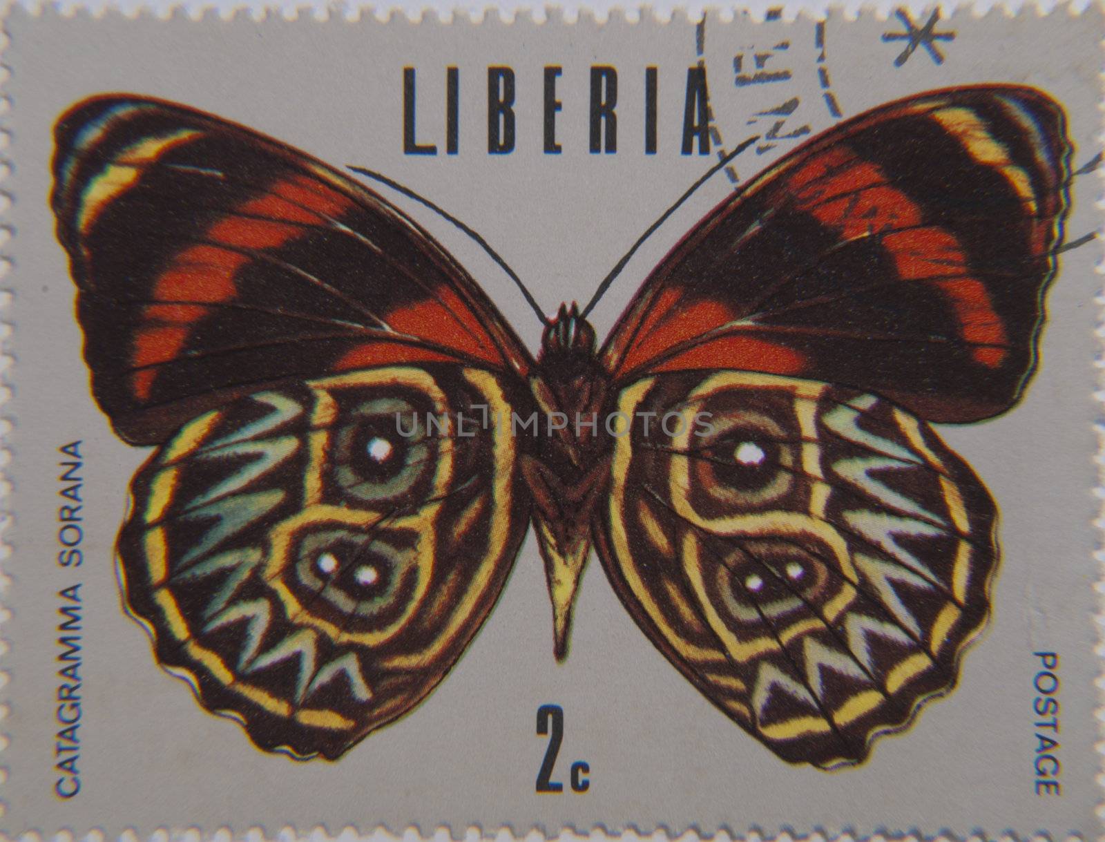 Liberia  circa 1974 a postage stamp worth 2 cents circa 1974 showing a butterfly Catagramma Sorama