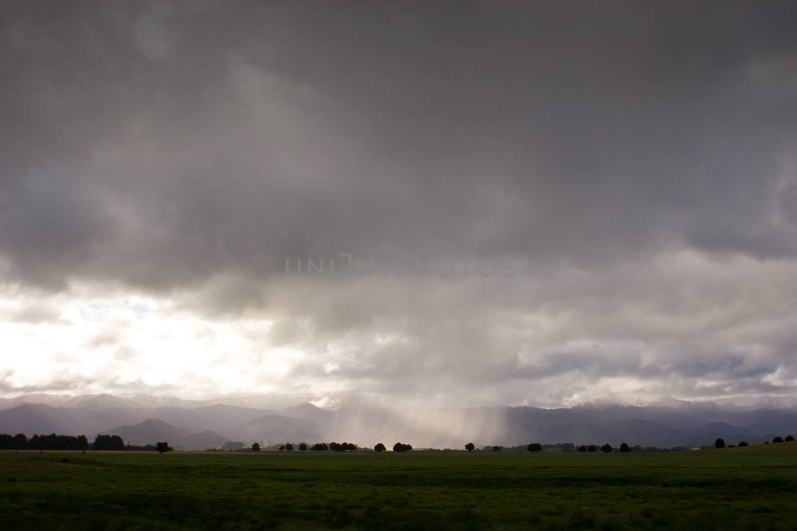 Rain veiling the Ruahine Ranges in Southern Hawke's Bay, New Zealand