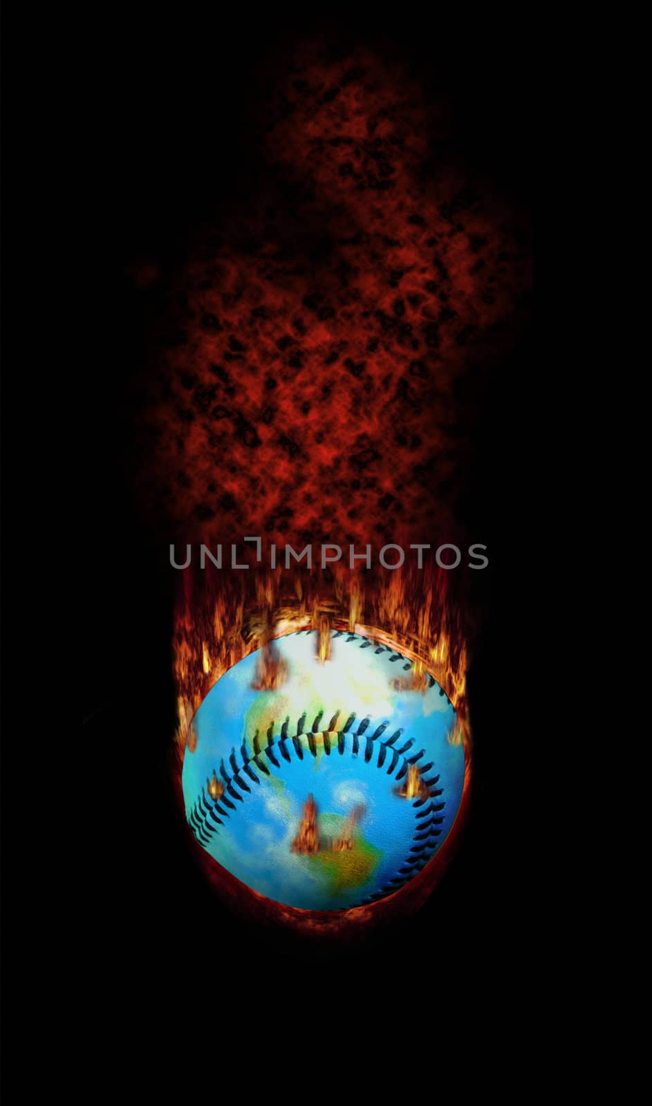 Detailed. This burning baseball globe was hit too hard - it flies with fire, fume and flames...