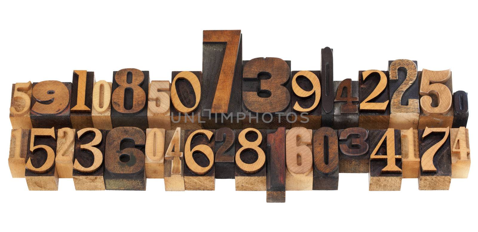 numerical concept - two rows of random numbers - isolated vintage wood letterpress printing blocks