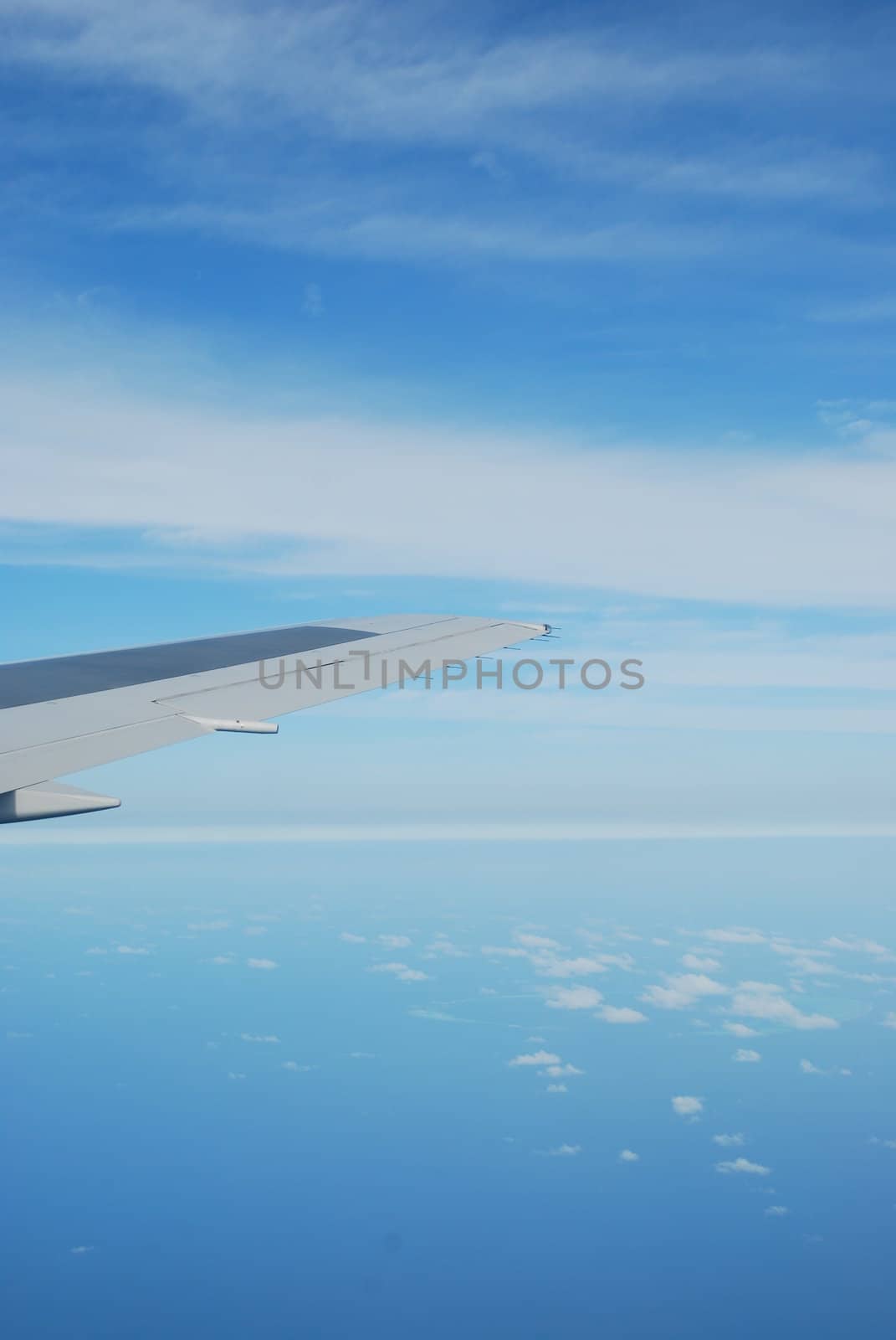 photo of a airplane wing and clouscape scene