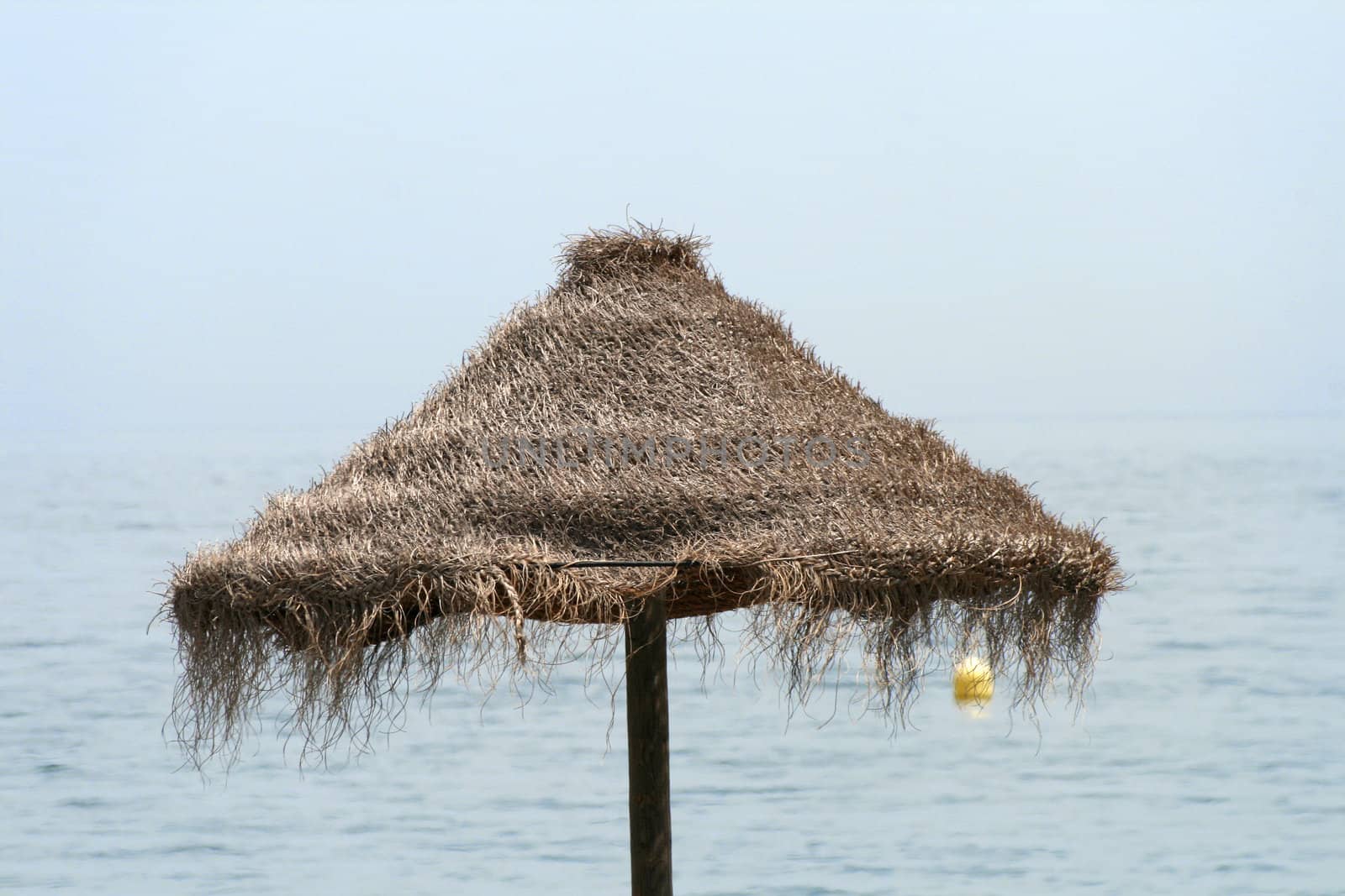 The top of a tropical-type beach umbrella, misty backdrop