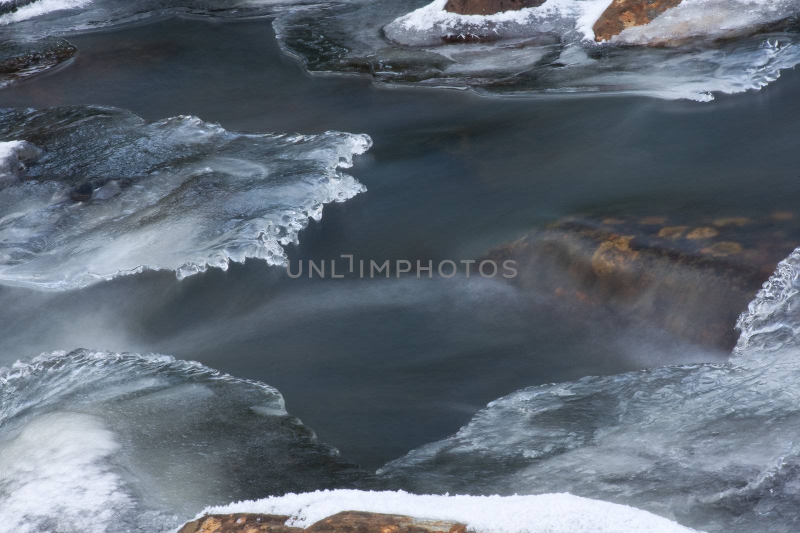 Very cold lookin river with ice.