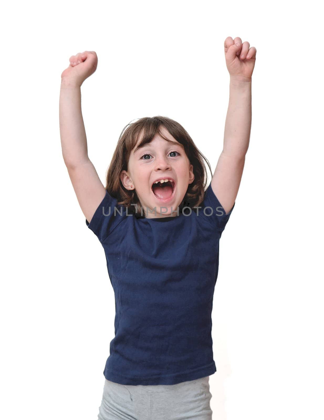 Cute little years girl raises her hands in a victory sign isolated