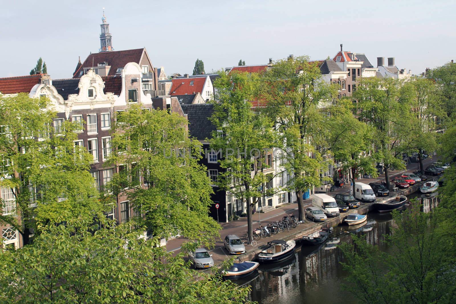 amsterdam canal and houses viewed from a roof