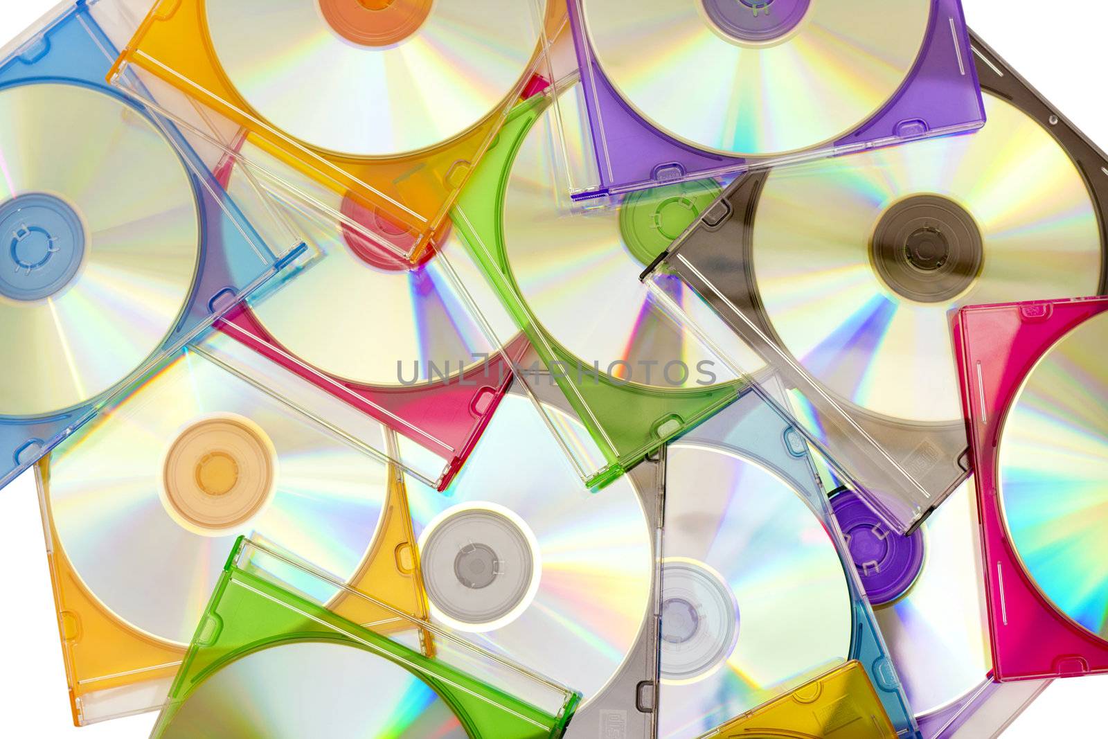 colorful CDs in boxes piled in a heap