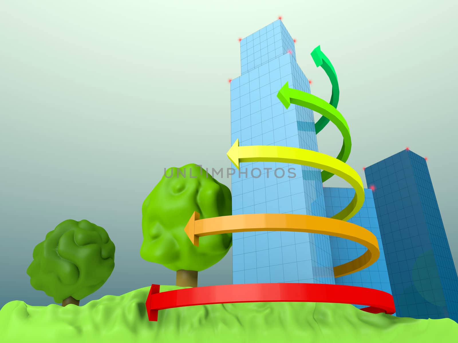 3d illustration: sity, trees and spiral chart