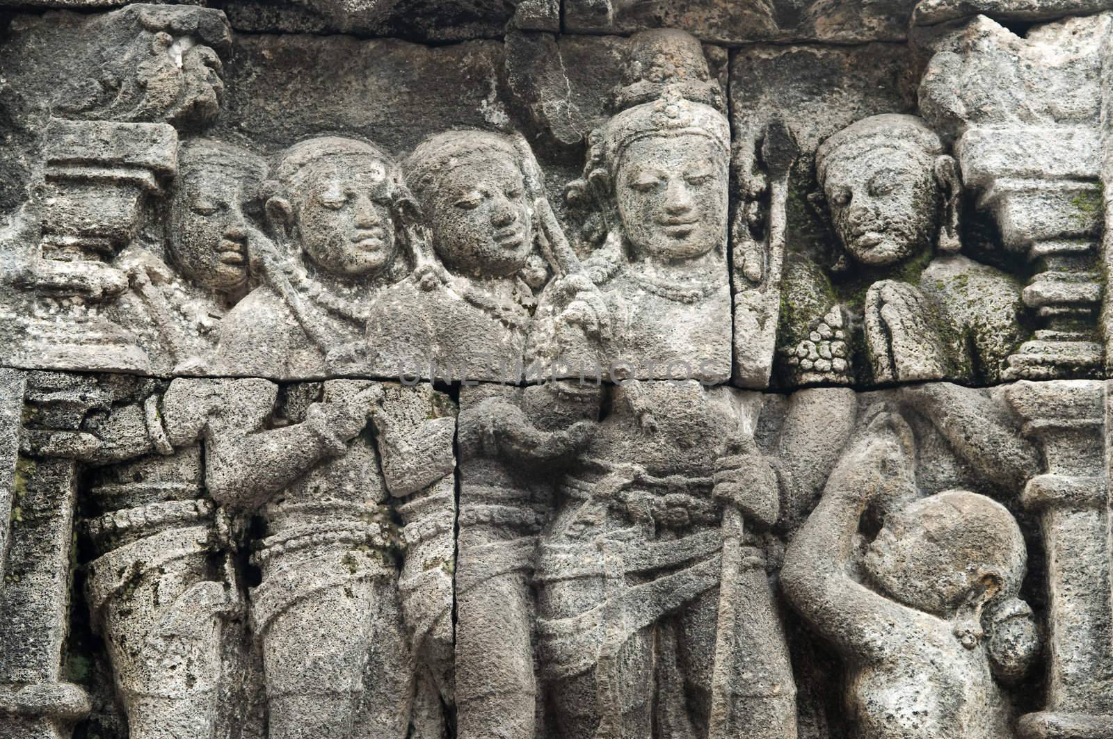 Detail of carved relief at Borobudur on Java, Indonesia.