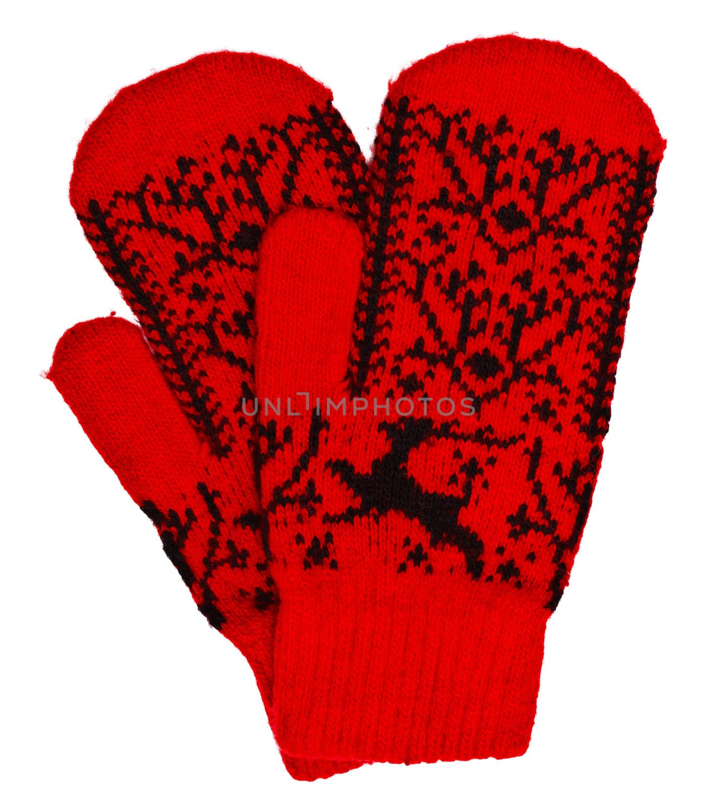 Red woolen mittens old fashioned isolated on white background