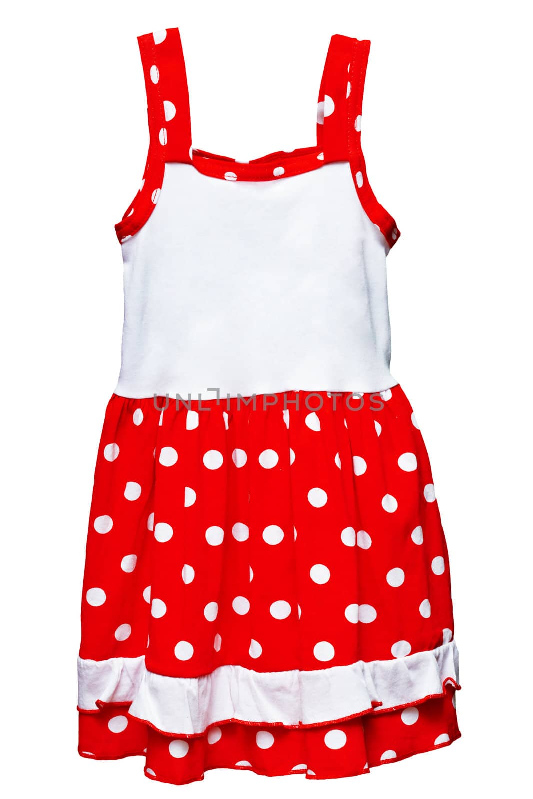 Small red polka dot dress for girls isolated on white background