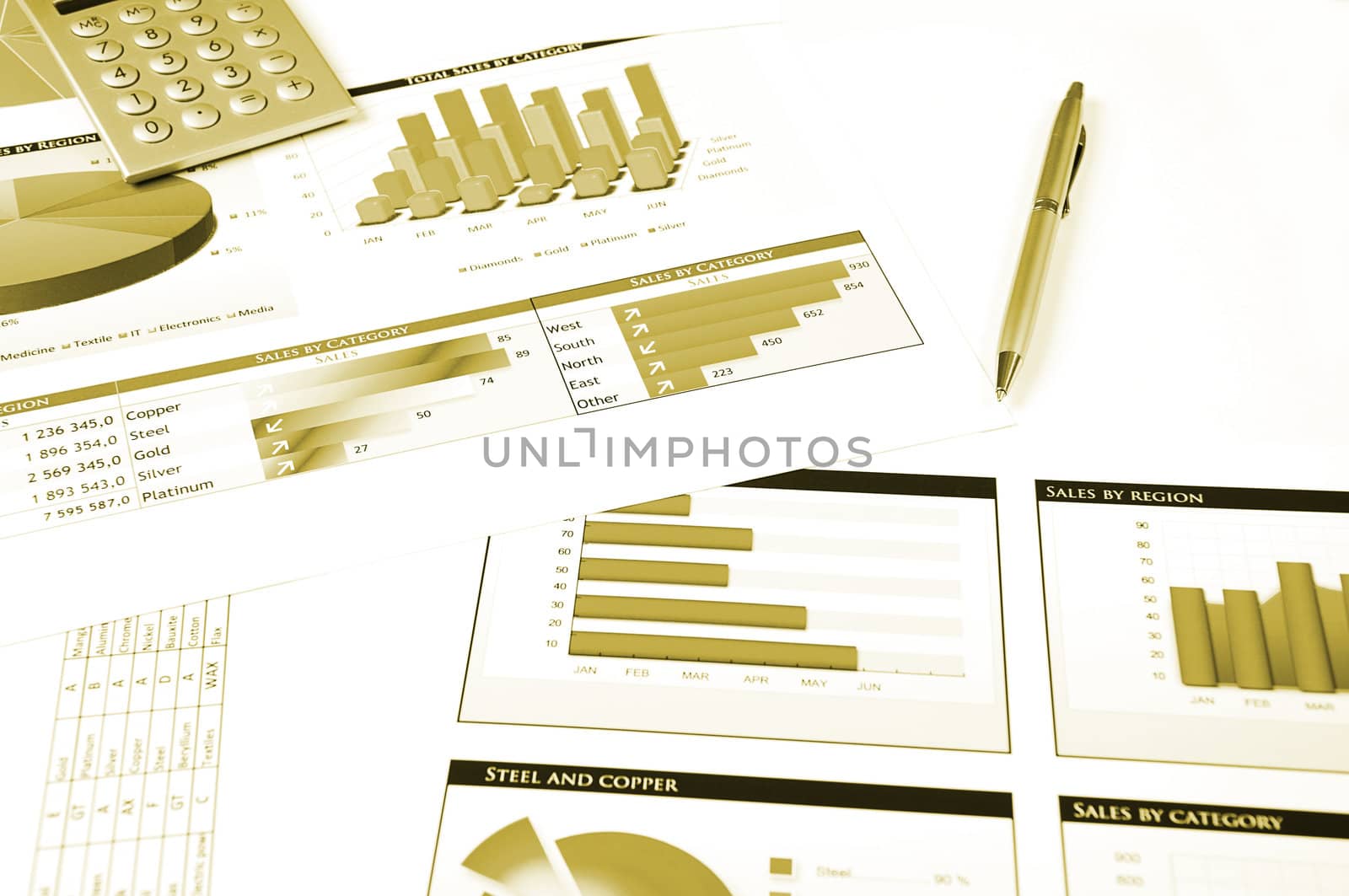 Calculator, pen and stock charts, concept by adam121