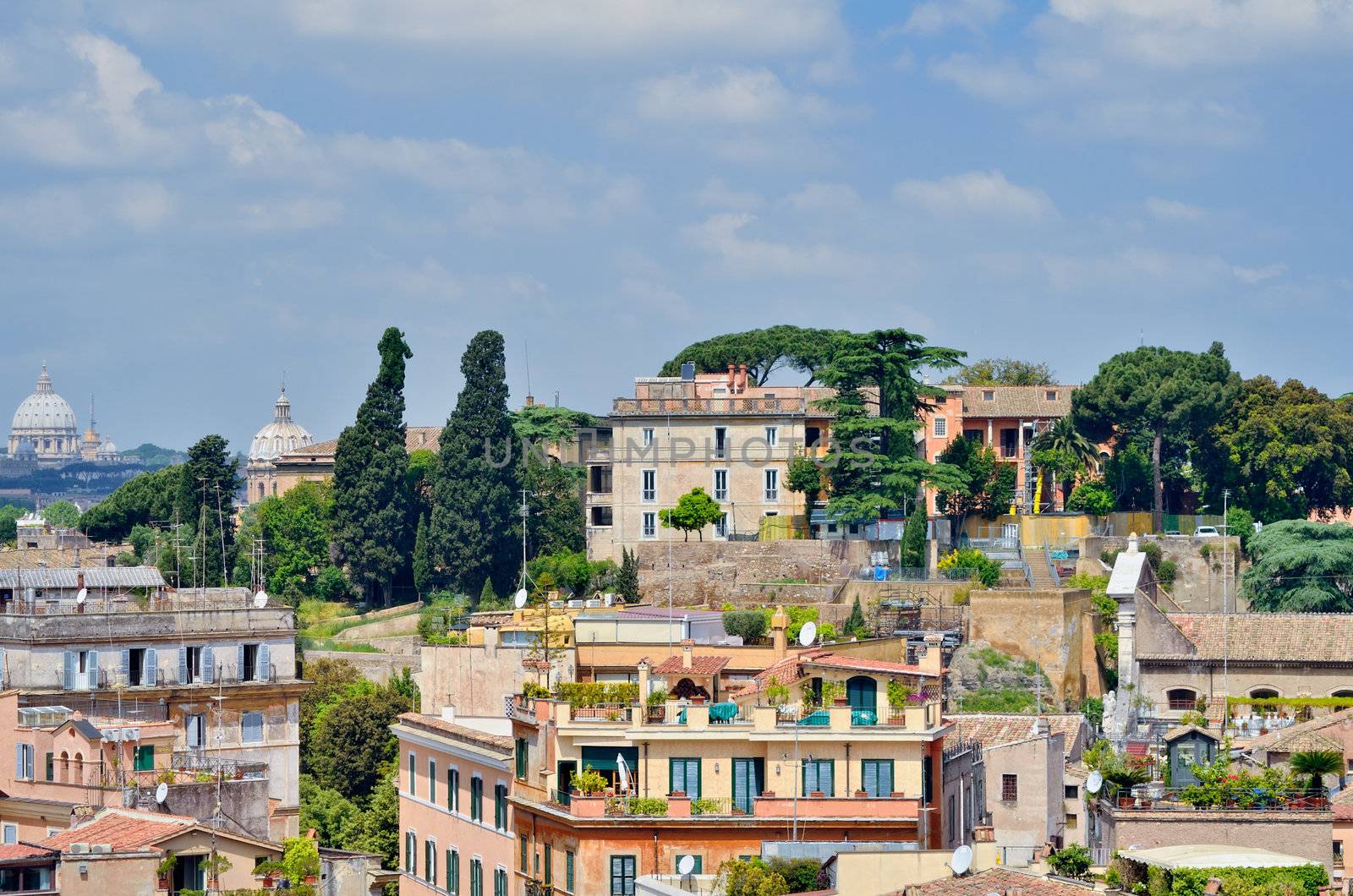 Panorama above of houses rooftops in Rome. Italy