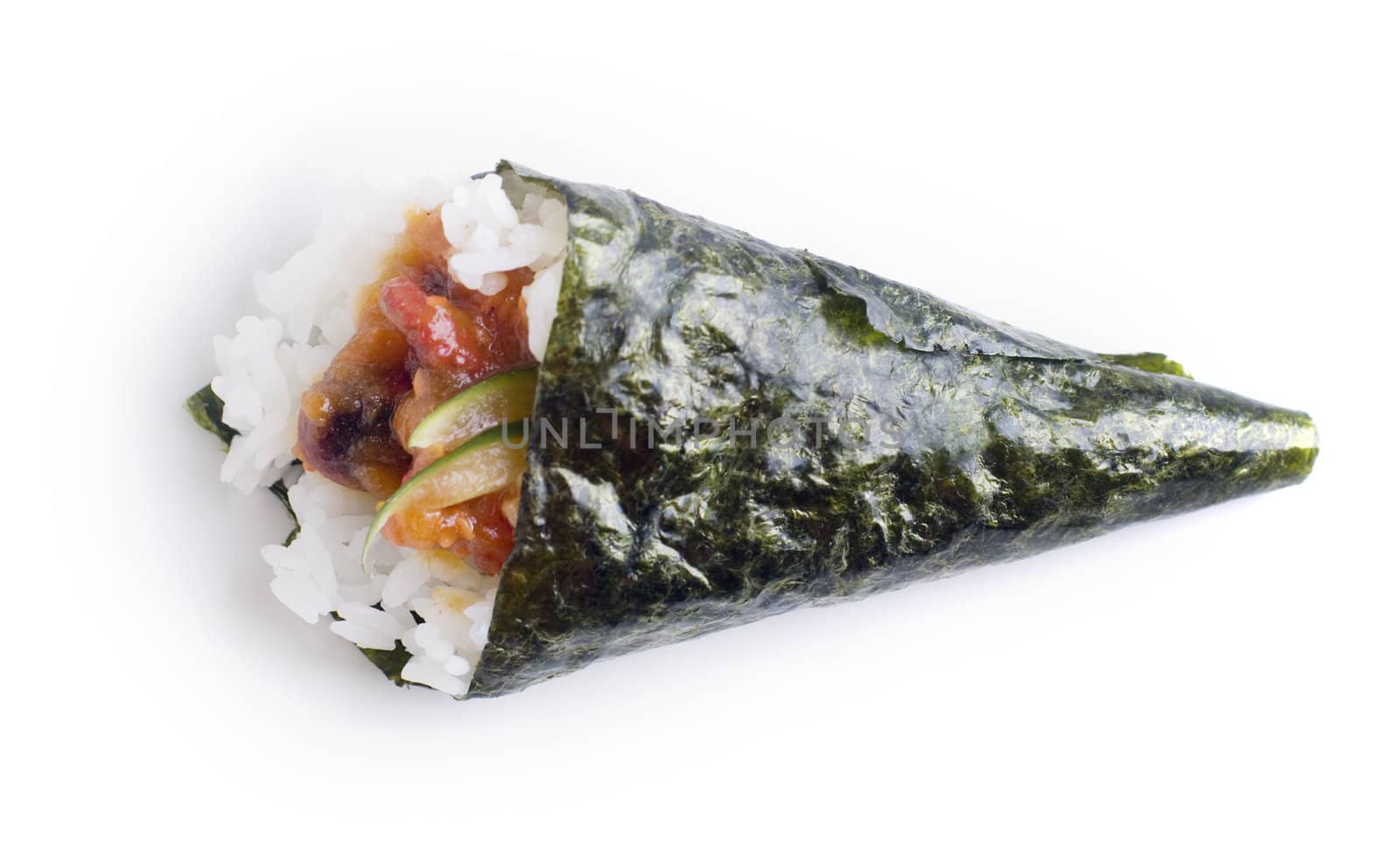 Hand rolled temaki sushi traditional japanese cuisine isolated on white.