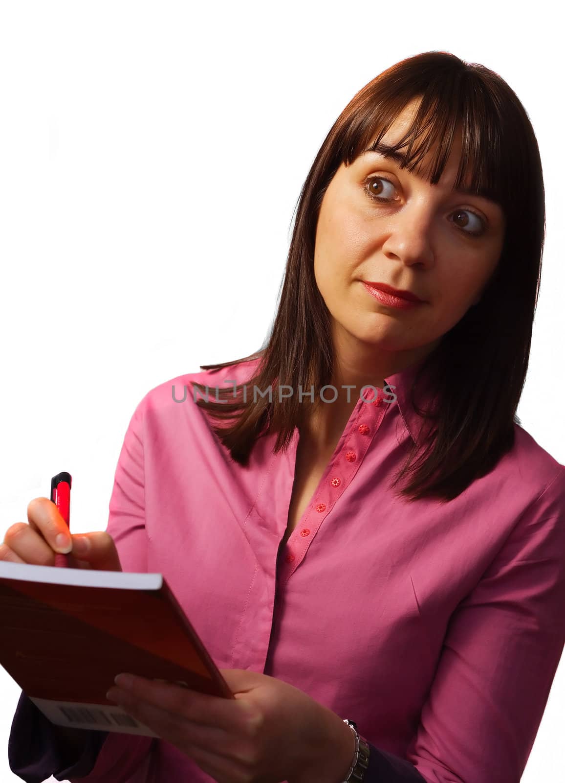 Woman takes notes and observes, isolated over white
