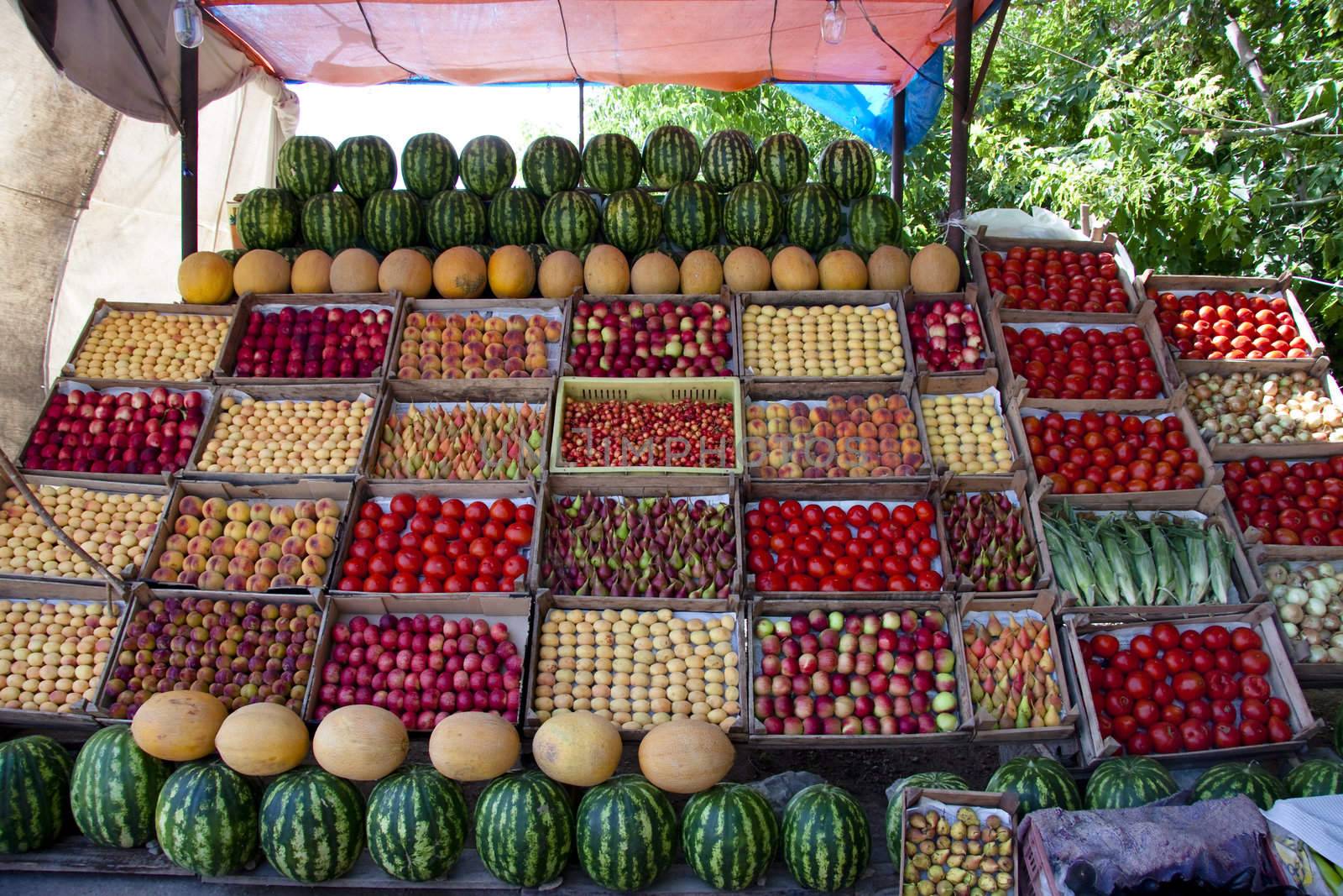Fruit on the stall in market in Armenia. Colorful view