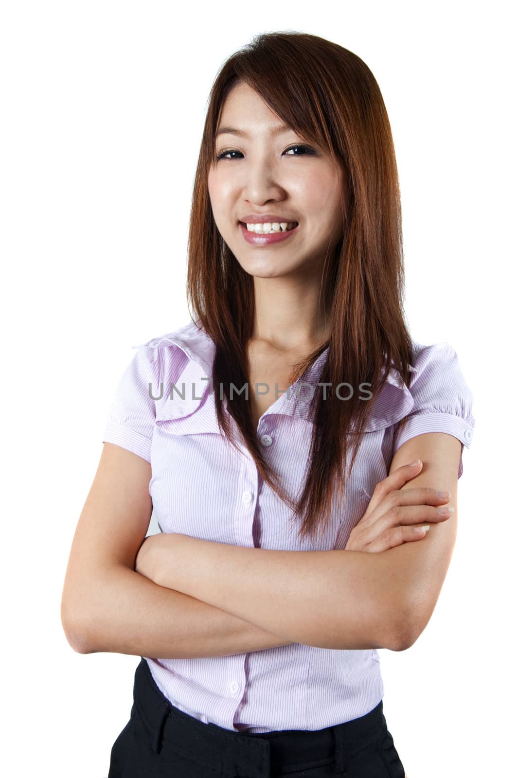 Arms crossed Asian Female isolated on white background