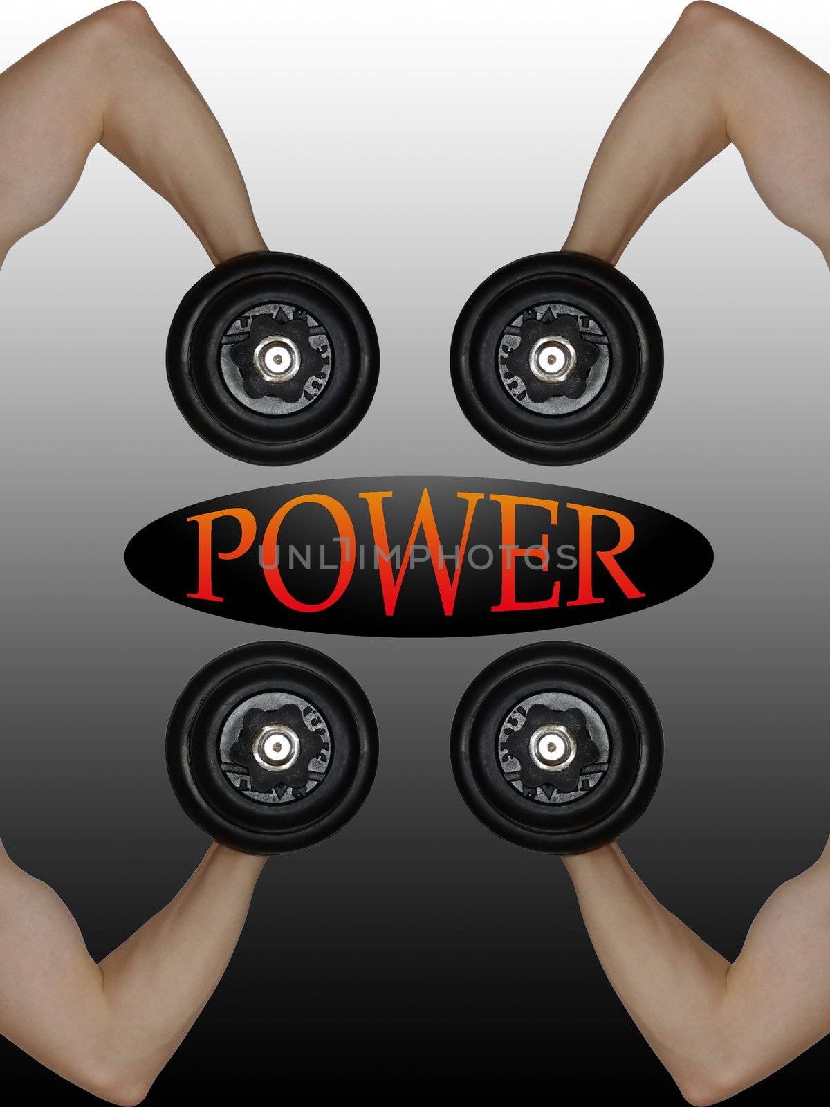 Image of four hands with dumbbell and word power