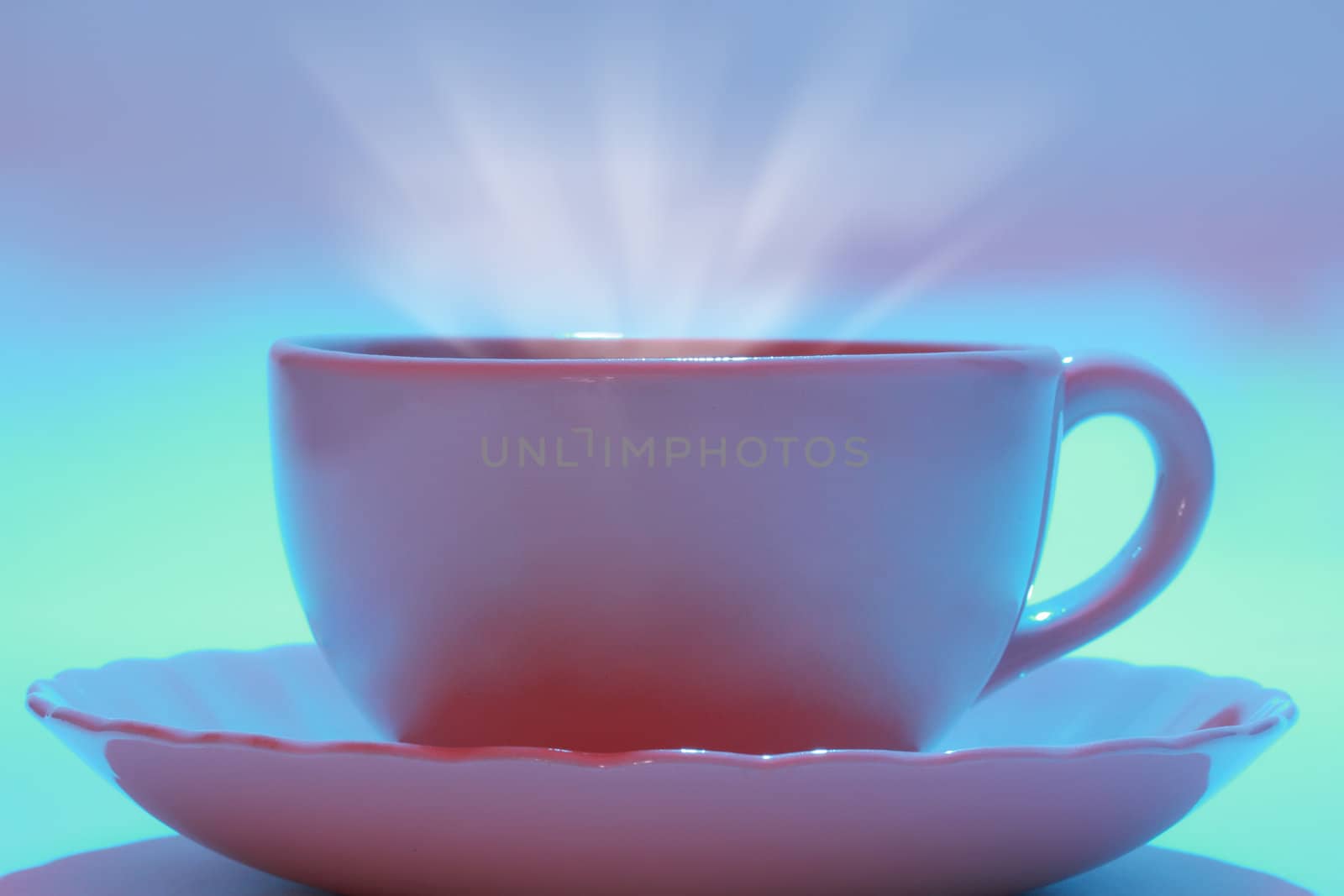 coffee in a pink cup, blue light