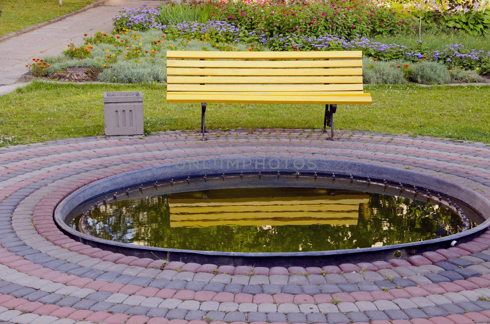 yellow bench and little pond in the park