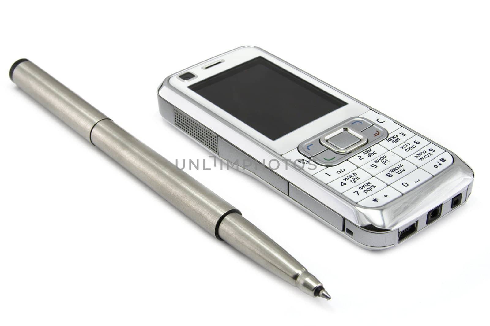 mobile and pen isolated in white