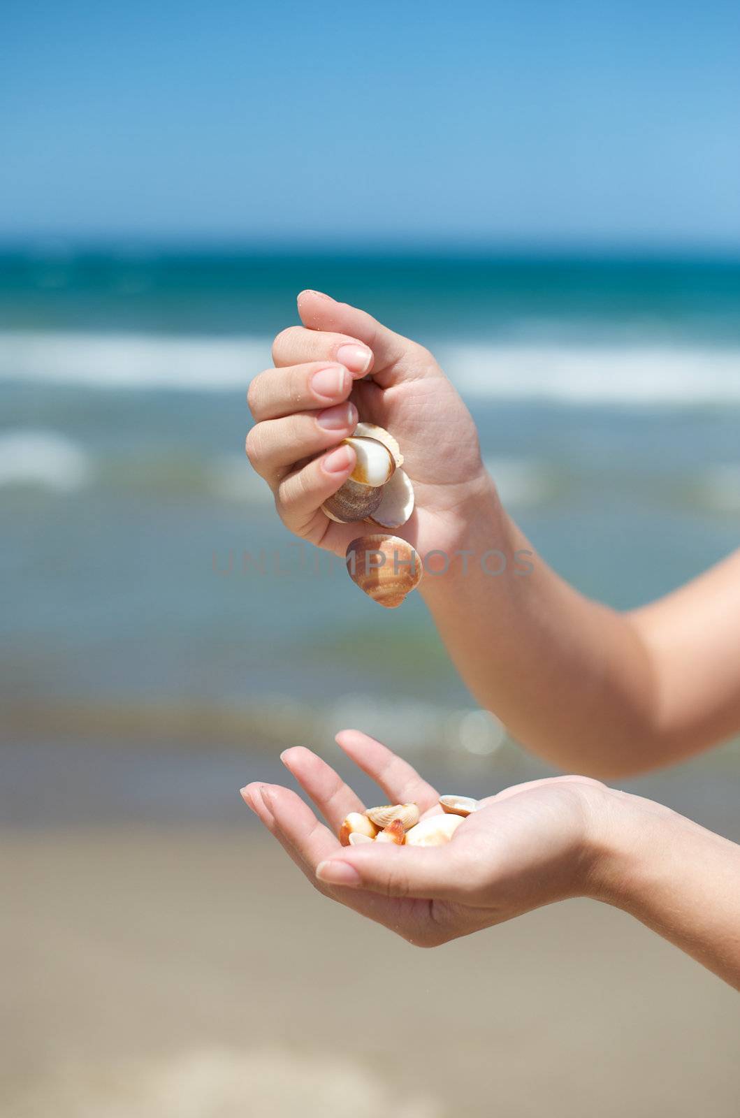 Woman playing with some shells on the beach