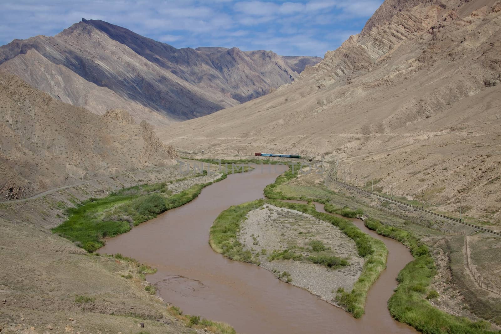 Aras river on the border Iran and Azerbaijan. Mountain view.