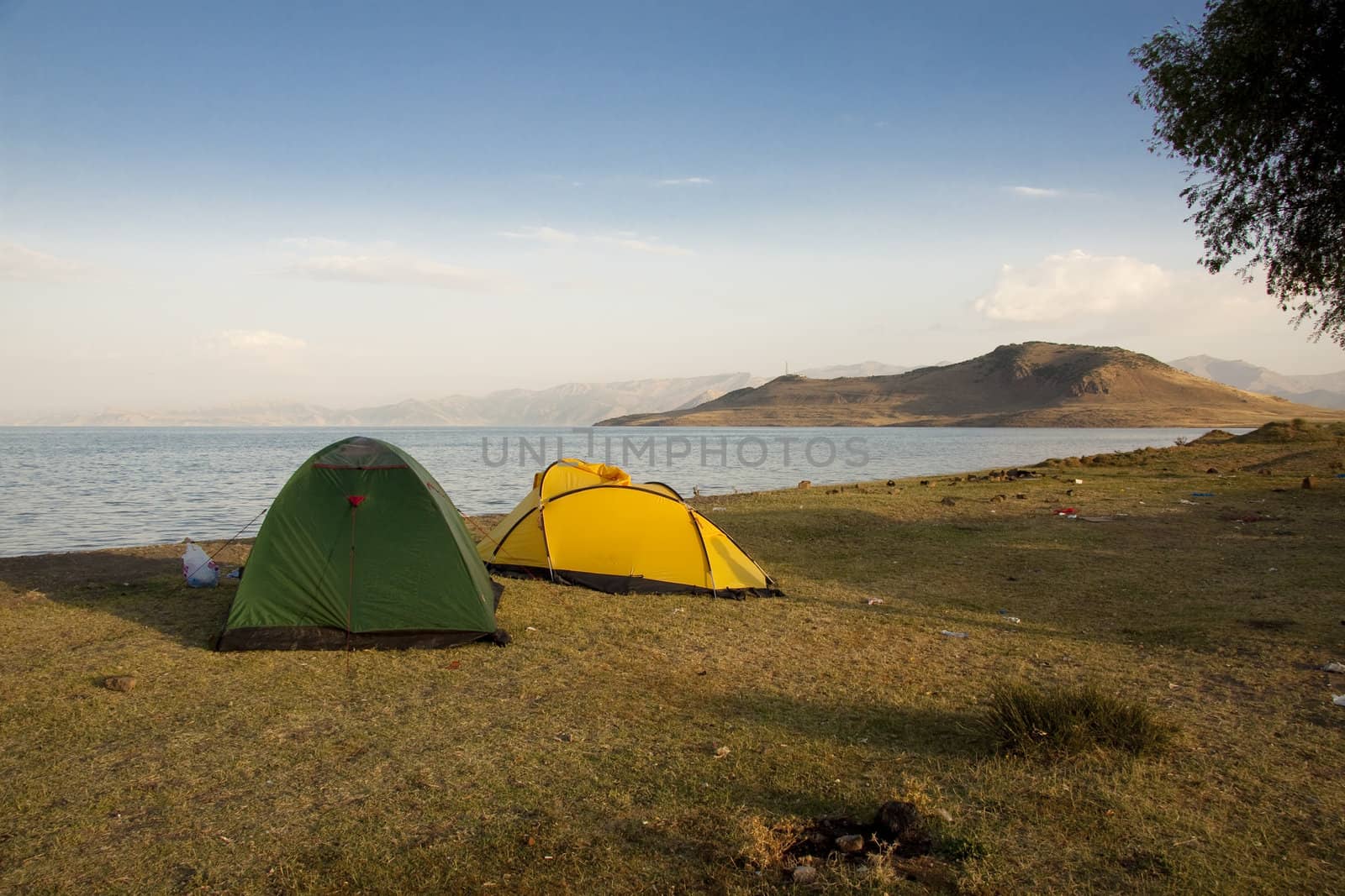 Two tent on the coast of Van lake in Turkey.