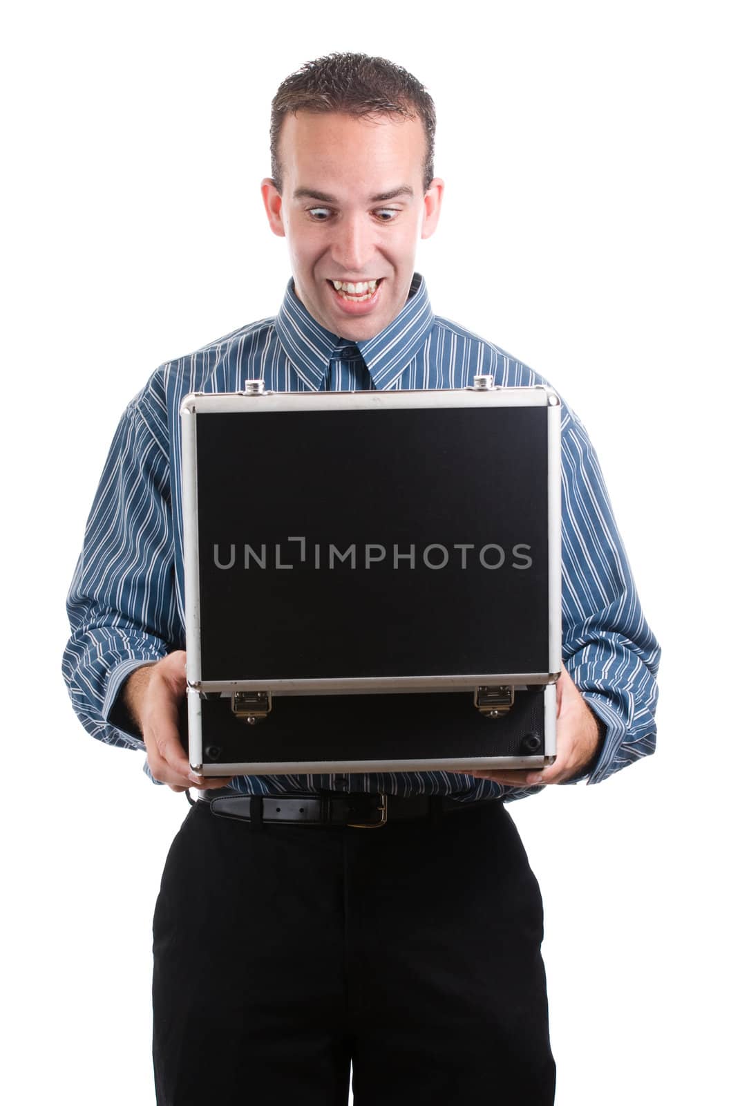 A young employee looking inside a case filled with private documents, isolated against a white background