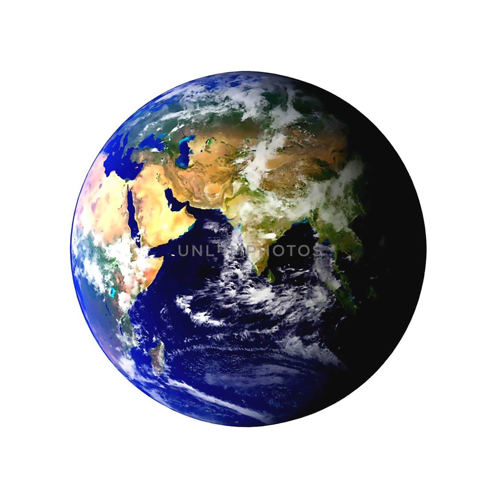 Earth globe showing on white background clouds visible. Some components of this image are provided courtesy of NASA, and have been found at visibleearth.nasa.gov