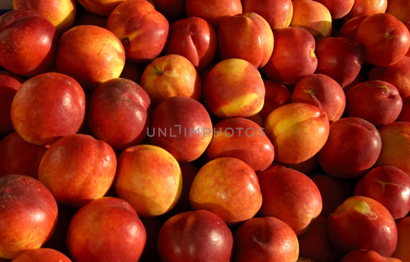 Close-up of ripe peaches on a French market stall, in the early morning light.