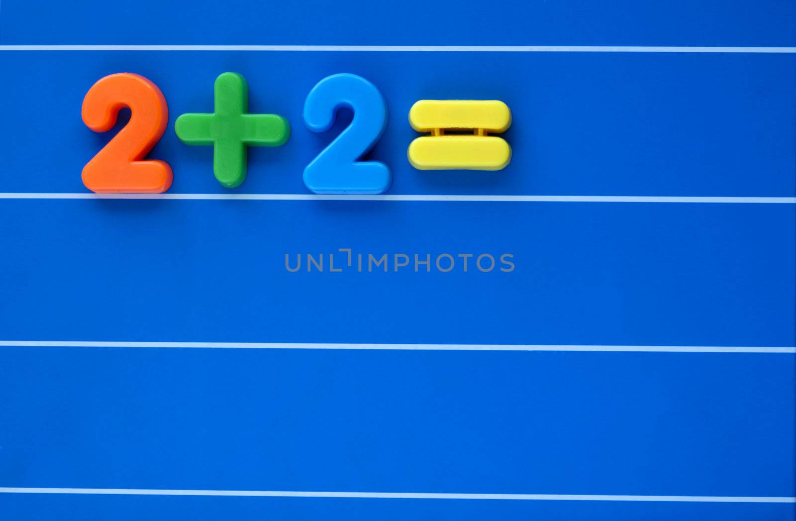 A sum, from a child's toy number set, placed on a blue, lined background. Answer left blank. Space for text elsewhere in the image.