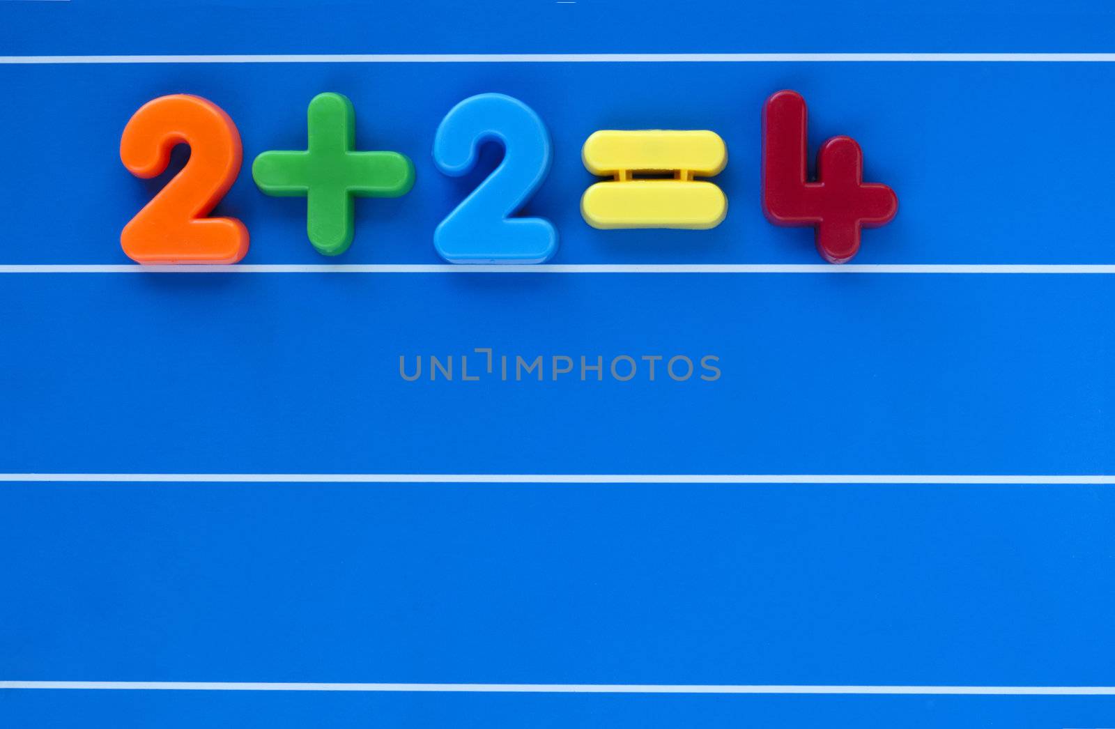 A simple sum, from a child's toy number set, placed on a blue, lined background. Space for text elsewhere in the image.